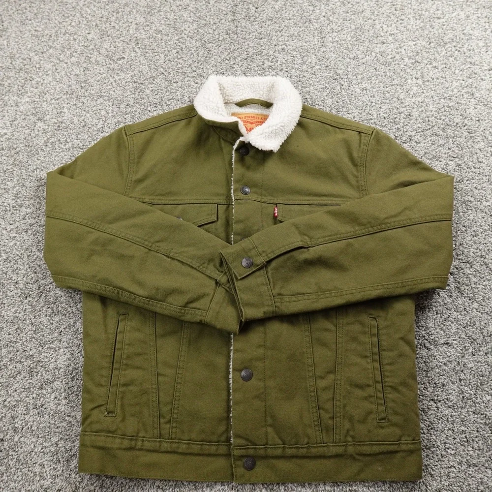 NEW Levis Jacket Mens S Green Canvas Sherpa Lined Trucker Snap Outdoor Work Coat